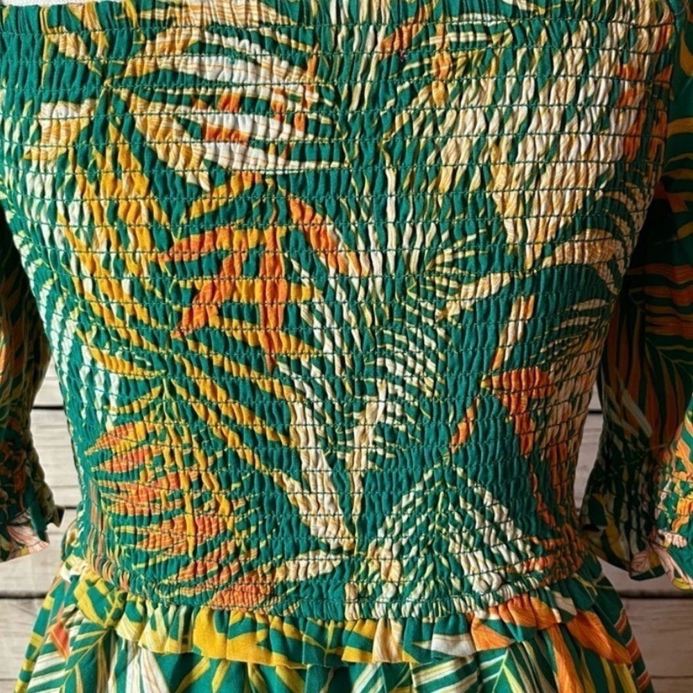 BETSEY JOHNSON Smocked Maxi Dress in Green Tropical Leaf Print Size X-Small - Picture 12 of 16